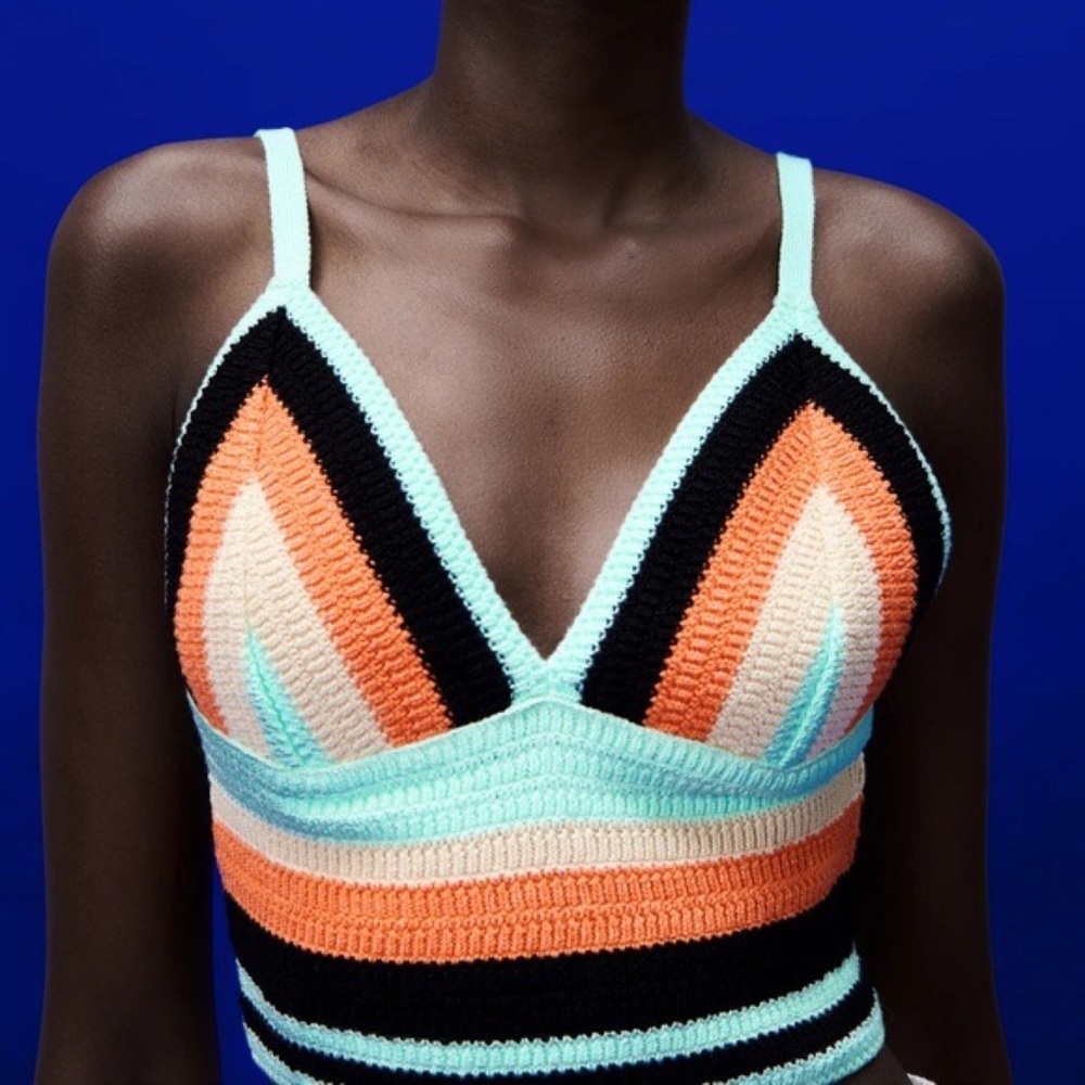 Zara Crochet Knit Orange Aqua + Black Halter s
Bralette Style Crop Boho Summer S